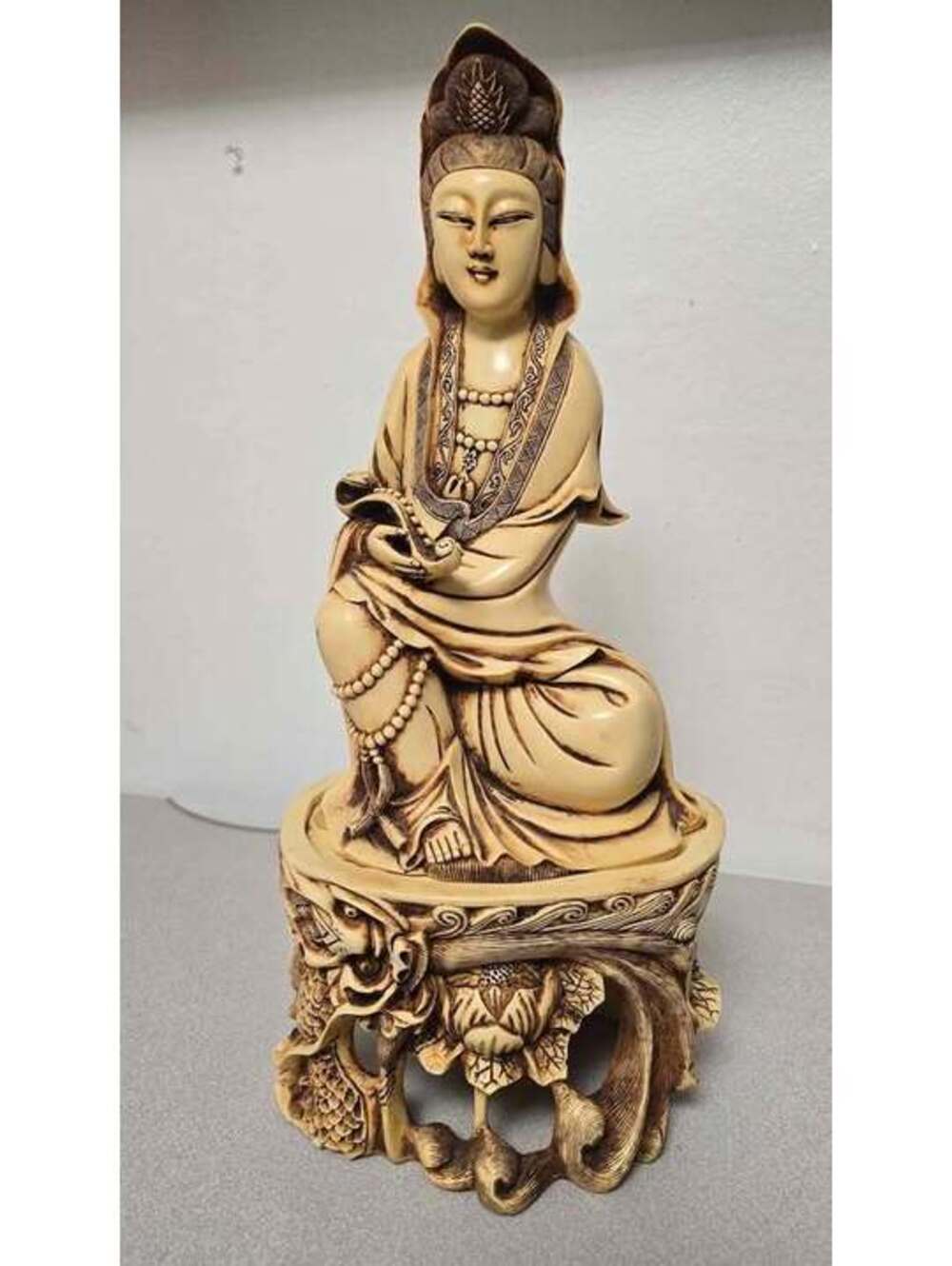 Vintage Faux Ivory Guanyin Resin Statue 13.5″ on Lotus‑Dragon Base